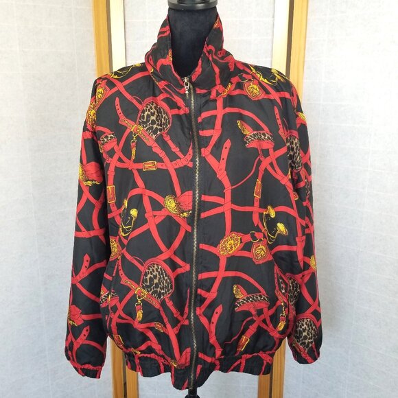 EVR 100% Silk Bomber Jacket Size Large Zip Up Equestrian Theme Red Black 90s - Picture 1 of 12